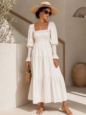 Bambi Maxi Dress Puff Sleeve Linen Blend Resort Style